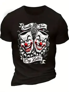 “Smiles now, cries later” clown mask graphic T-shirt — black humor streetwear tee for both men and women; made from a pure cotton ultra-soft, breathable blend fabric, featuring prints of a comedy-tragedy mask, roses, and a flag. Street casual style.
