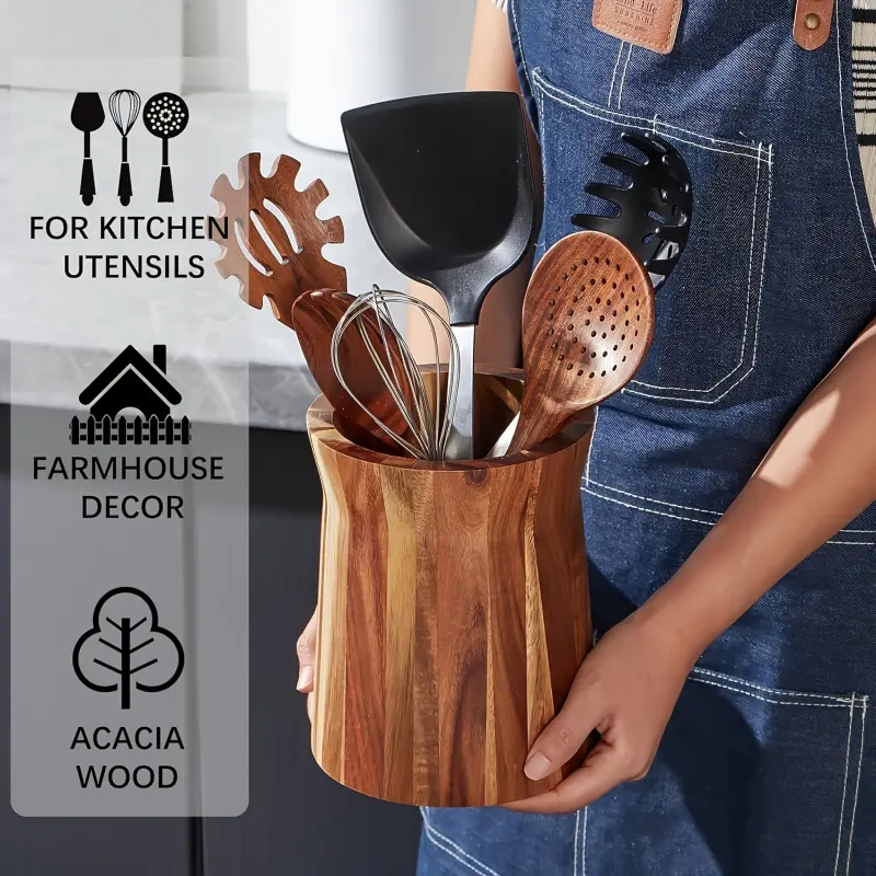1PC Wooden Kitchen Utensil Storage Rack 360 Degree Rotating Countertop Organizer for Spatulas Cooking Tools Country Style Decor Cooking Utensil Holder