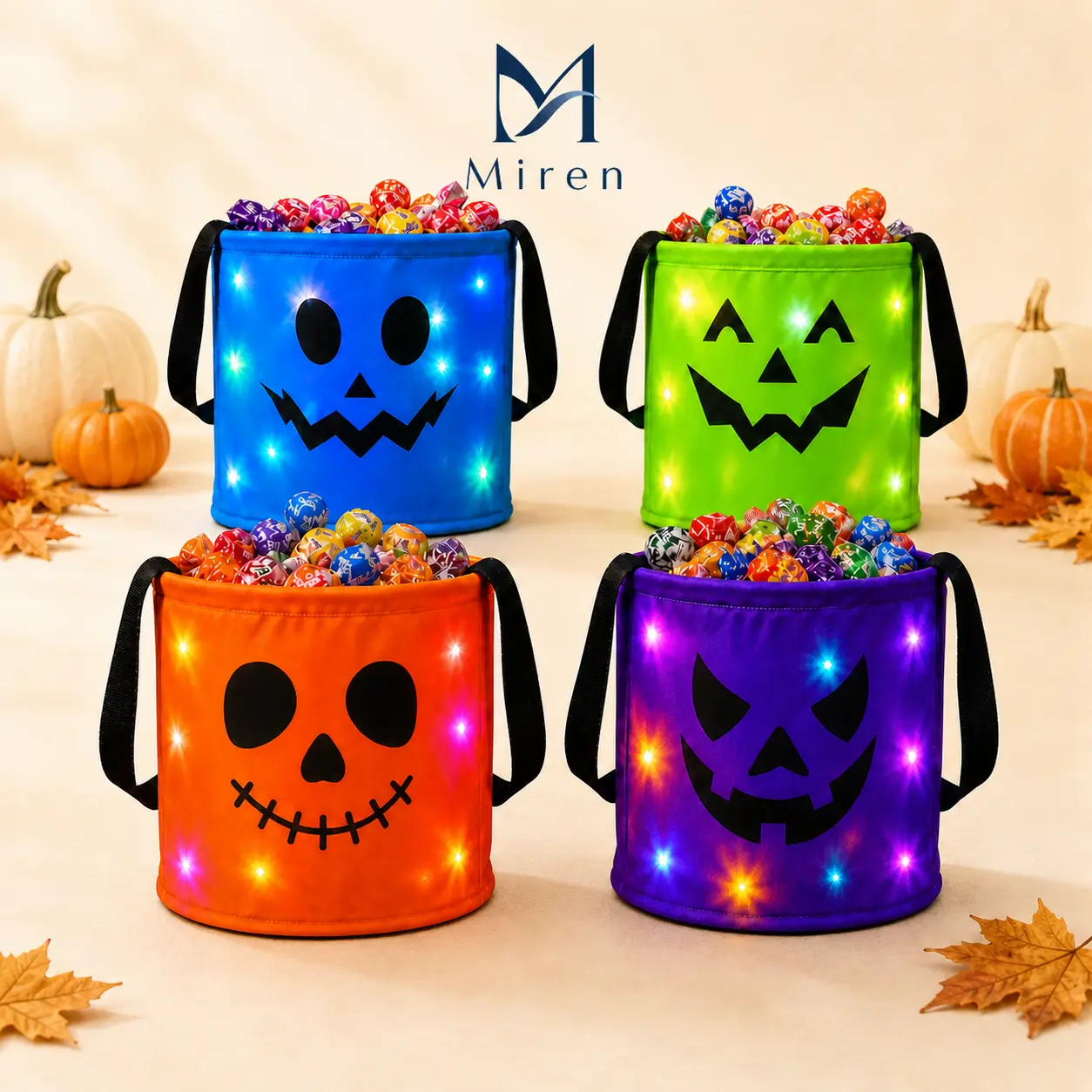 [Halloween] 3/4 Pcs LED Lights Non-Woven Reusable Trick-or-Treat Tote Bags, Glowing Pumpkin-Skull Faces Candy Buckets for Kids, Carrying Treats Storage Bags for Parties Home Supplies-Miren
