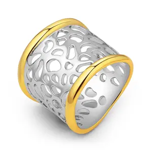 Mytys Two Tone Hollow Wide Ring for Men and Women Design Ring Jewelry Gift Elegant Trendy Decoration Style Outdoorfun Precious