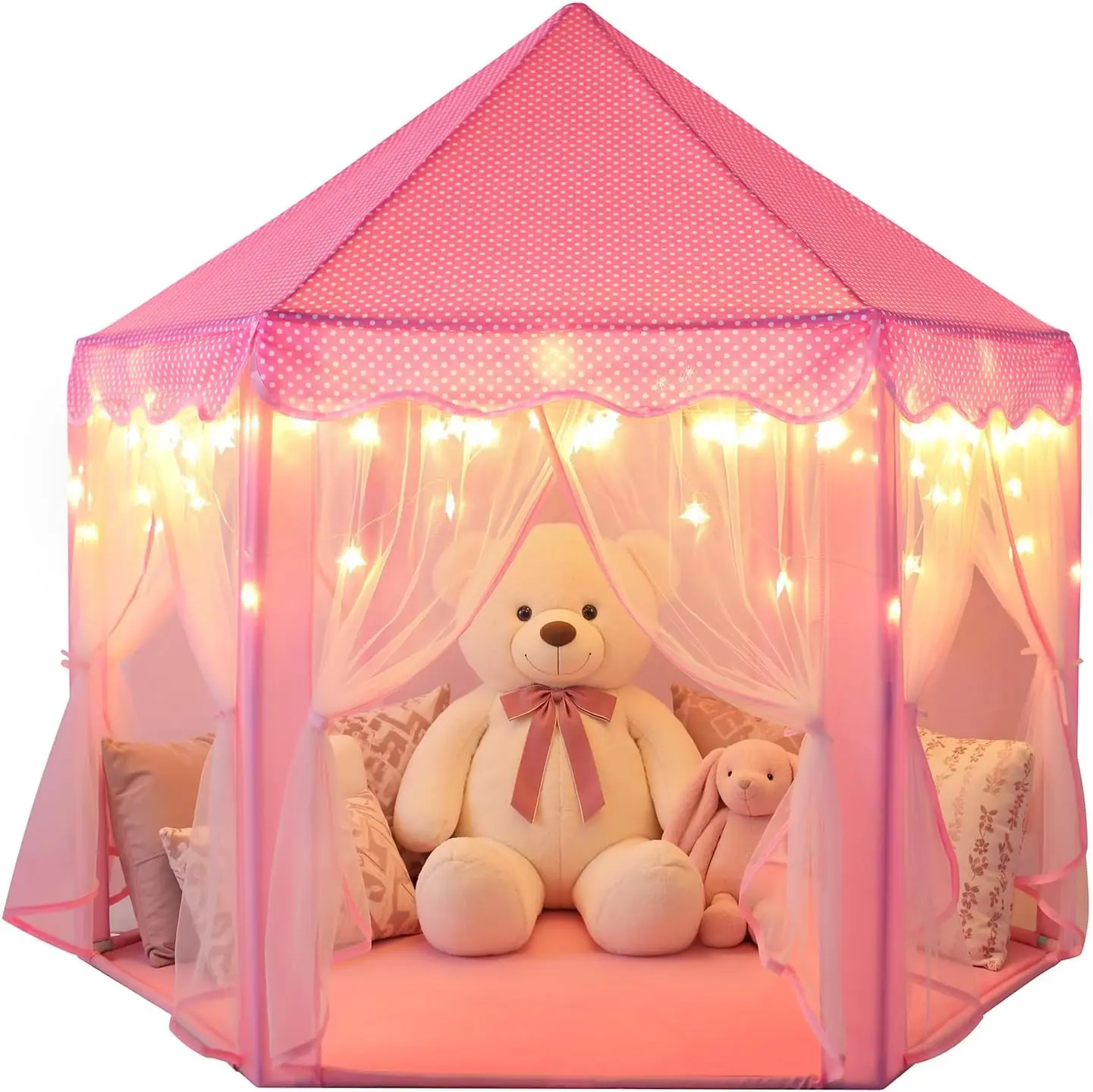 Summer Spring Gift  Princess Castle Tent for Girls Fairy Play Tents for Kids Hexagon Playhouse with Fairy Star Lights Toys for Children or Toddlers Indoor or Outdoor Games (Pink)