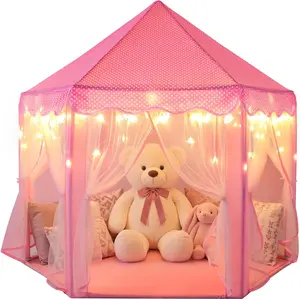 Summer Spring Gift  Princess Castle Tent for Girls Fairy Play Tents for Kids Hexagon Playhouse with Fairy Star Lights Toys for Children or Toddlers Indoor or Outdoor Games (Pink)