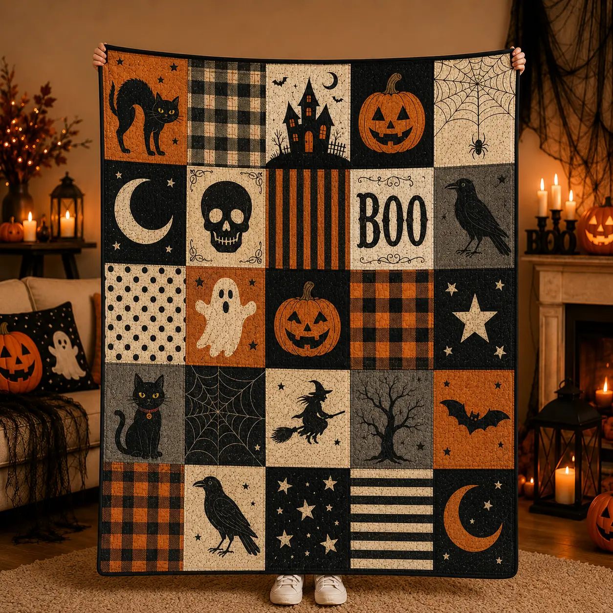 Vintage Halloween Patchwork Print Throw Blanket, Soft Flannel Black Cat Pumpkin Ghost Crow and Haunted House Art for Bedroom and Spooky Lounge Decor, Cozy Lightweight Bed Throw for Movie Night, Halloween Gift for Adults and Vintage Decor Fan