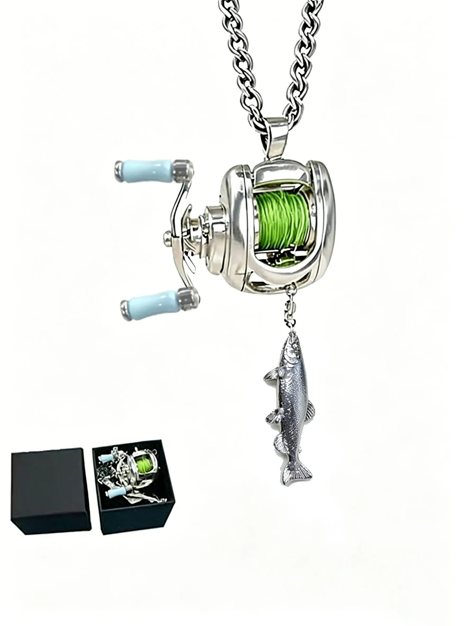 Mini Fishing Reel Necklace, Rotating Handle, Detachable Line Ring, Spinning Wheel Keychain, Portable Fishing Lure Pendant, Boho Pendant, Boho Style Jewelry, Gift for Fishermen, Cuban Rope Chain, Chain Necklaces
