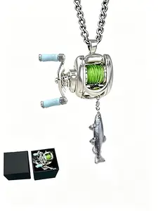 Mini Fishing Reel Necklace, Rotating Handle, Detachable Line Ring, Spinning Wheel Keychain, Portable Fishing Lure Pendant, Boho Pendant, Boho Style Jewelry, Gift for Fishermen, Cuban Rope Chain, Chain Necklaces