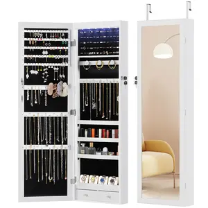 Full-Length Mirror Jewelry Cabinet, Wall or Door Mount, Organizer Armoire with Built-in Makeup Mirror, Lockable Storage