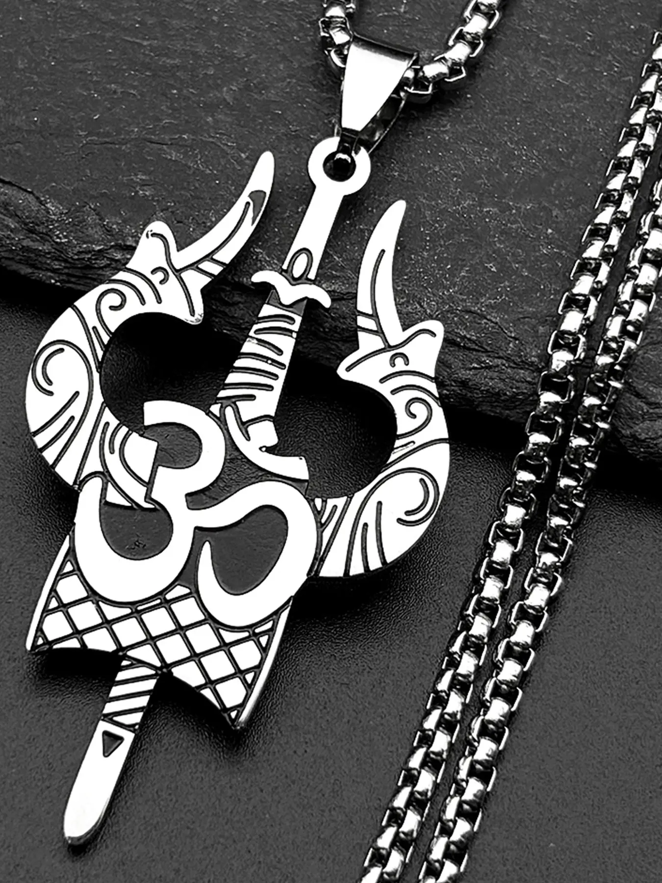 Stainless Steel Hinduism Yoga Shiva Trishula Om Symbol Faith Necklace Pendant Goddess Necklace Women Men Silver Color Buddhism Hindu Cuban Link Design Chain