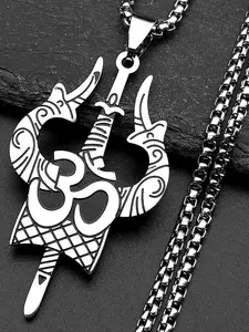 Stainless Steel Hinduism Yoga Shiva Trishula Om Symbol Pendant Necklace Goddess Necklace Women Men Silver Color Buddhism Hindu Cuban Link Design Chain