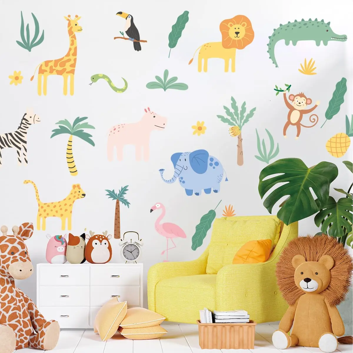 Wall Decals - 4 Sheeets 26 count Cute Jungle Theme Wall Decor Peel and Stick Elephant Giraffe Lion Safari Wall Stickers for   Playroom Bedroom Living Room Decor