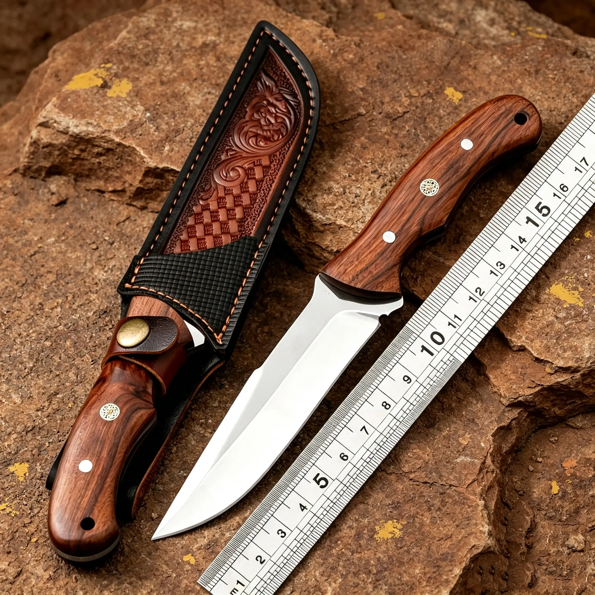 6.7" Wood Handle Pocket Knife with Ornate Carved Leather Sheath, Must-Have Outdoor EDC, Ideal Gift