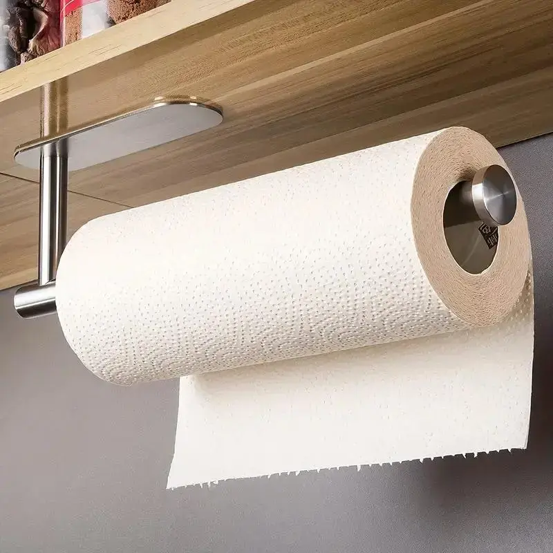 Modern Punch-Free Wall-Mounted Stainless Steel Paper Towel Holder - Small Space Kitchen Bath Organizer, Tissue Dispenser, Home Household Storage Gadget