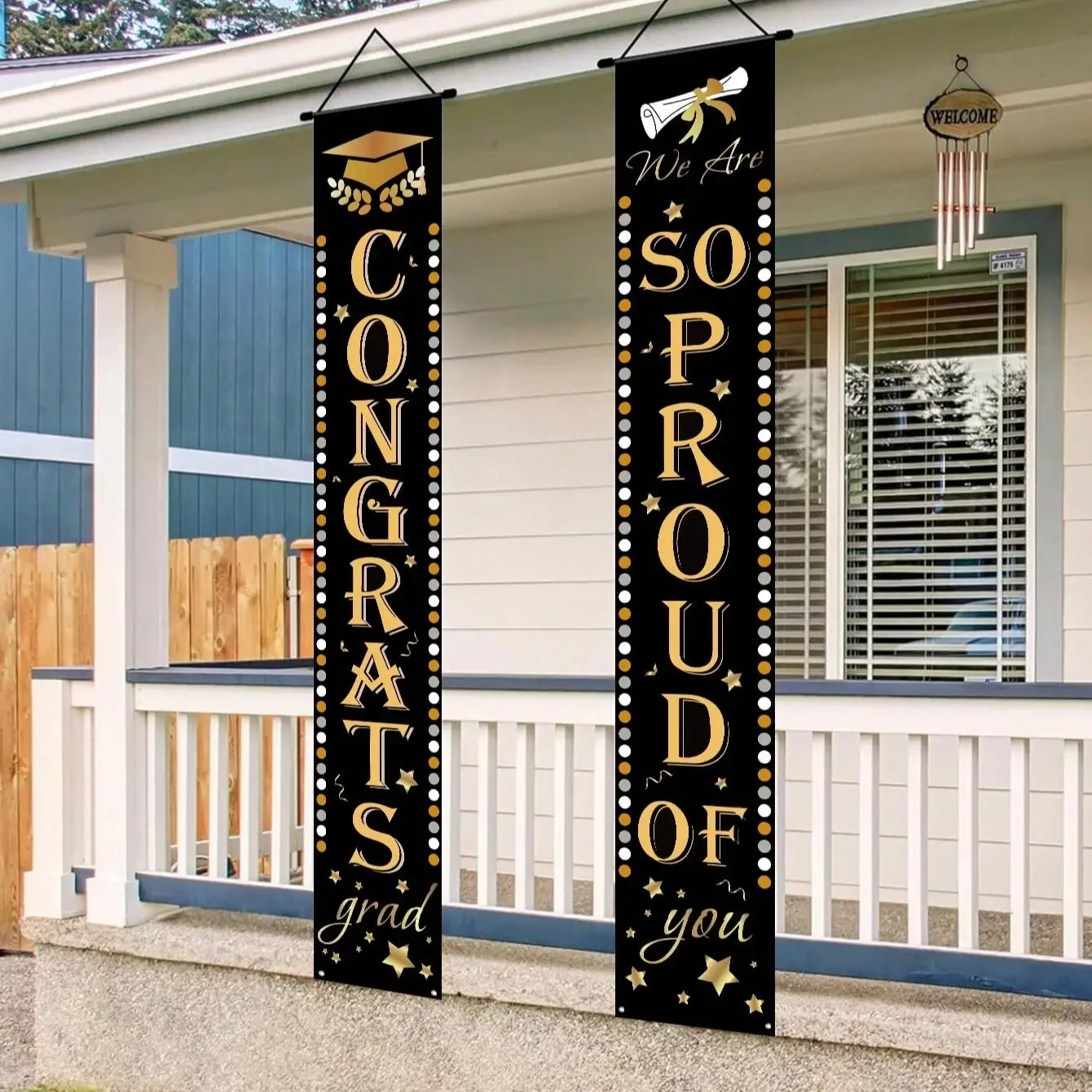 2DFlat 2 pieces of black gold and gold diamond style graduation couplet banners, with bachelor's cap and graduation certificate elements, suitable for graduation celebrations and campus graduation season event decorations, and can be used as decoration