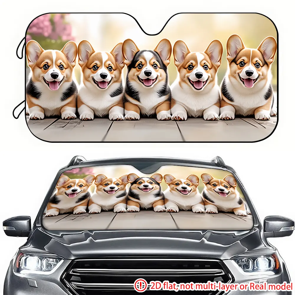1pc Five corgi Puppies Group Image Car visor 2D HD printing, the car visor effectively blocks the sun, suitable for SUV, RV, GM front windshield decoration