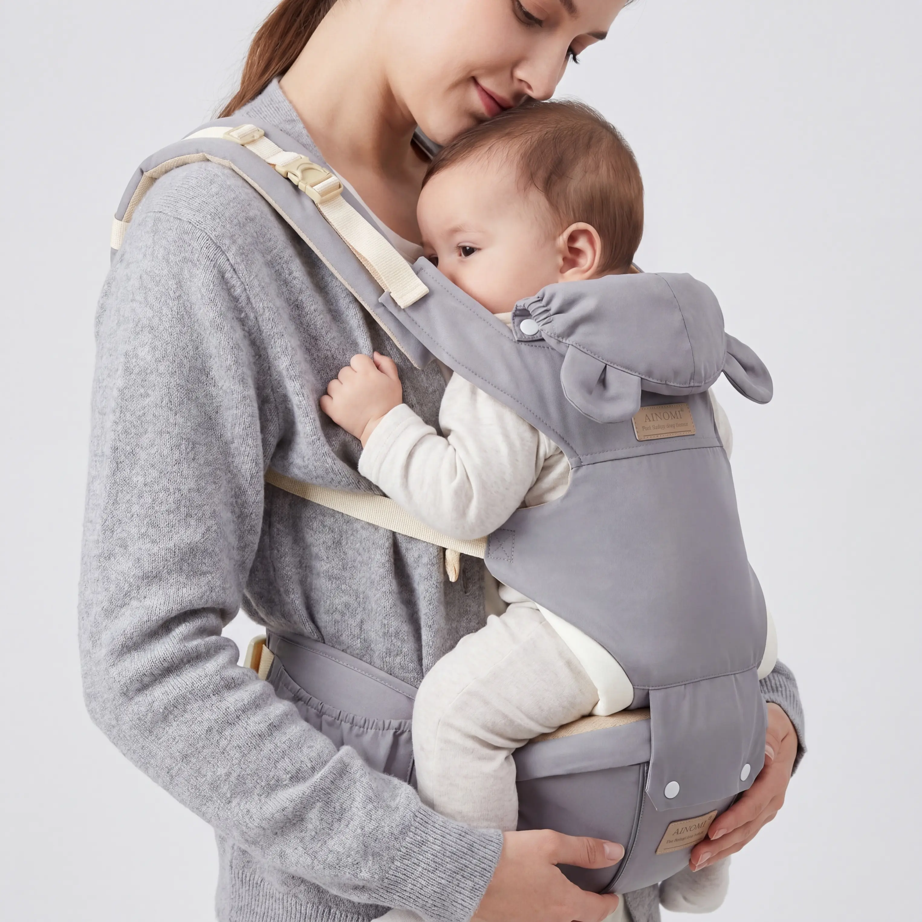Ergonomic Bear Ear Baby Carrier with Hip Seat - Parent-Friendly Hands-Free, Weight-Balanced, Breathable Infant Sling Backpack, 5-in-1/6-in-1 Multi-Position Adjustable Waistband for Newborn to Toddler Daily Use Baby Essential Gear, Polyester, Portable, Hip
