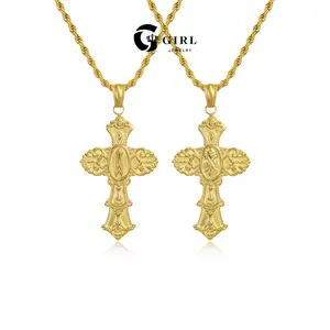 GGIRL Vintage Gothic Carving 18k Gold-Plated Virgin Mary Cross Pendant Necklace with Initial Letter A-Z Necklace for Men and Woman, Mother Mary Necklace Men's Hip-Hop Clothe Accessory Prayer Fashion Jewelry Ideal Anniversarie Gift for Party&Daily&Birthday