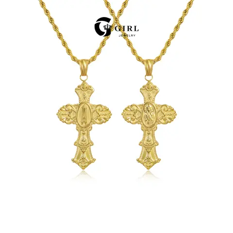 GGIRL Vintage Gothic Carving 18k Gold Plated Virgin Mary Cross Pendant Necklace With Initial Letter A-Z Necklace for Men Women, Mother Mary Necklace Men's Hip-Hop Clothe Accessory Prayer Fashion Jewelry Ideal Anniversary Gift for Party&Daily&Birthday