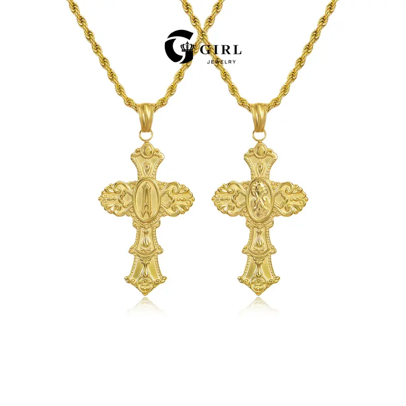 GGIRL Vintage Gothic Carving 18k Gold Plated Virgin Mary Cross Pendant Necklace With Initial Letter A-Z Necklace for Men Women, Mother Mary Necklace Men's Hip-Hop Clothe Accessory Prayer Fashion Jewelry Ideal Anniversary Gift for Party&Daily&Birthday