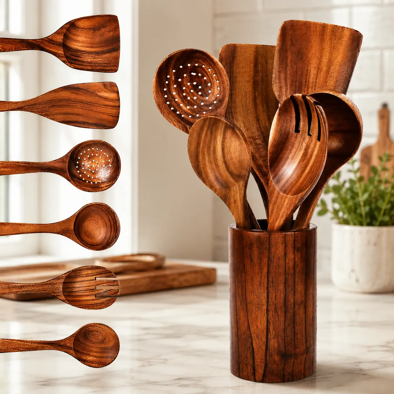 6PCS Premium Natural Nanmu Wooden Kitchen Utensils Set - Oil-Resistant, Eco-Friendly, BPA-Free, Heat-Resistant for Nonstick Cookware, Environment-Protection Everyday Kitchen Accessories kitchen cookware