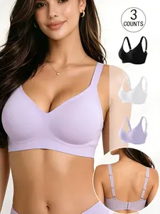 3 Pack / 6 colors women's seamless jelly bra, four rows of three hooks, push-up and lift, adjustable sports vest, suitable for daily wear, parties and yoga, comfortable, breathable, skin-friendly and figure-hugging, women's non-wire bra, Gym Sports Bra