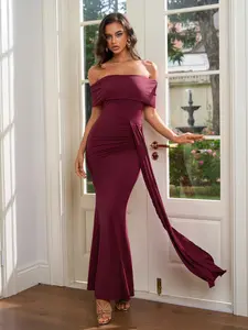 Off Shoulder Backless Mermaid Hem Ruched Bodycon Dress with Ribbon, Gorgeous and Fashionable Party Dress