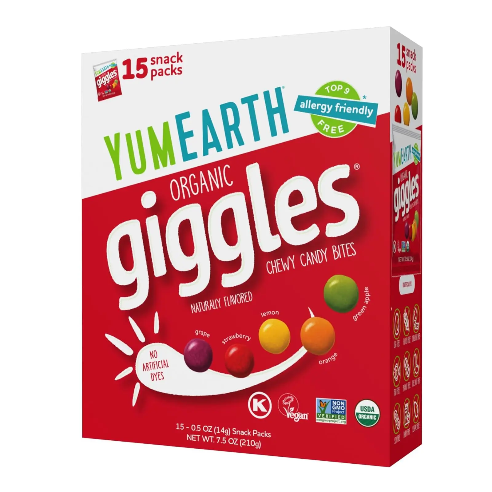 YumEarth Organic Giggles Chewy Candy – Allergy Friendly, No Artificial Dyes, Non GMO, Gluten Free, Fruit Flavored, Vegan Candy Snacks with No Artificial Flavors, 0.5 oz (Box of 15)​