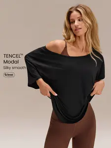 GLOWMODE Modal Silky Smooth Asymmetrical Hem Off-Shoulder 3/4 Sleeve Active Tee T-Shirt Daily Casual Wear