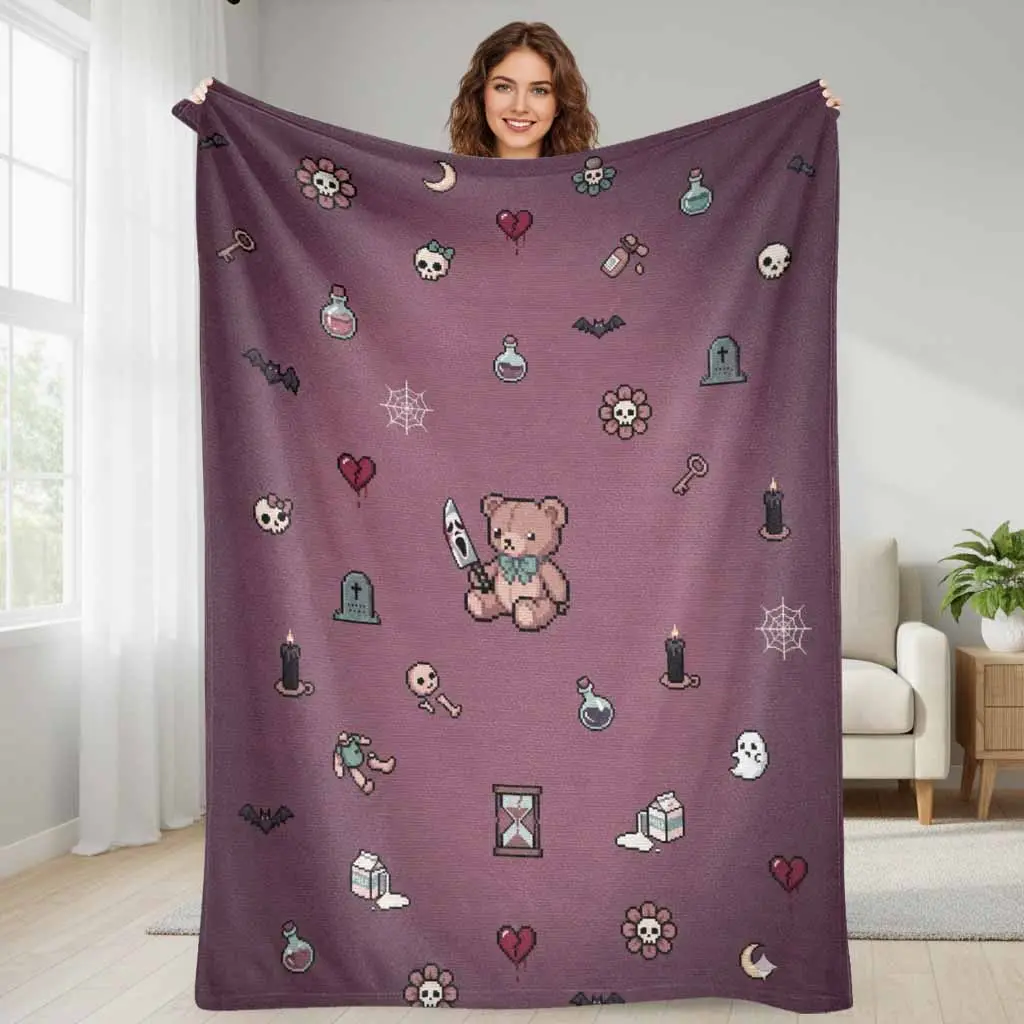 Gothic Aesthetic Flannel Blanket Pixel Art Bear Print Ultra Soft Lightweight Breathable Fuzzy Throw for Cozy Bed Sofa Couch Office Nap Camping Travel Home Decor Unique Birthday Gift