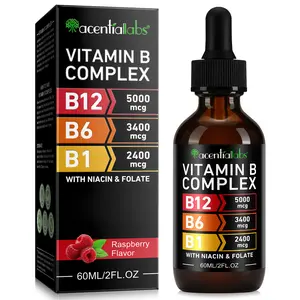 Acentiallabs Vitamin B Complex Liquid 3400mcg & Vitamin B1 Drops 2400mcg for Healthy Supplement Nutrition, 2 fl. oz Vegan B12 Liquid Drops Healthcare