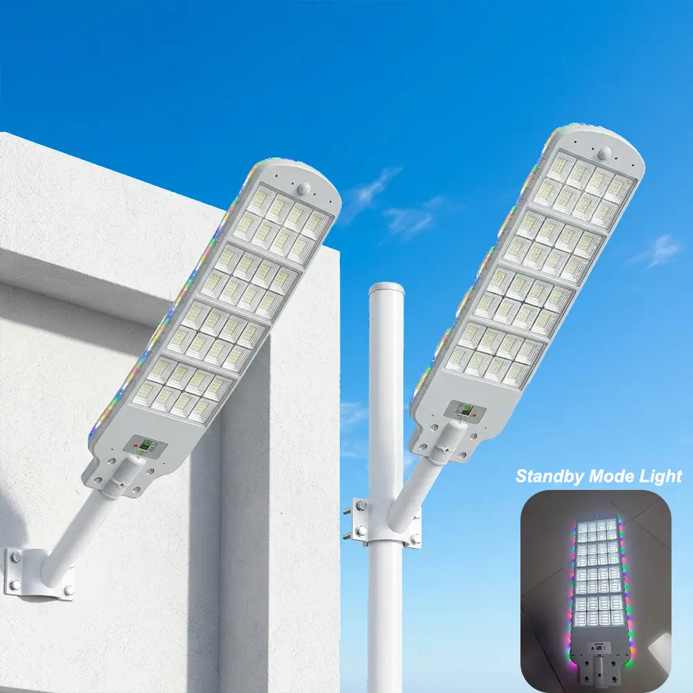 26-Inch IP66 Waterproof Solar Street Flood Light, Outdoor Wall-Mount Fixture with Remote Control, Motion Sensor, RGB Side Lights, Dusk-to-Dawn Function for Entryway, Driveway