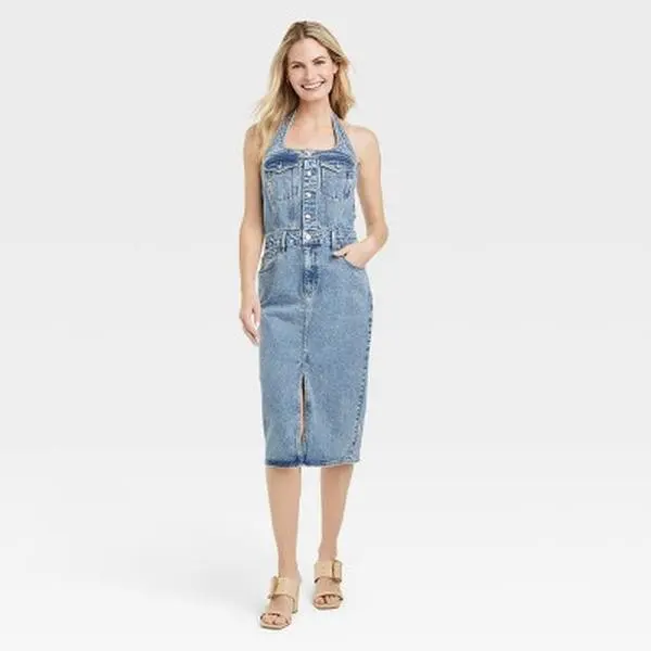 Universal Thread Women's Spandex-Stretch Cotton Halter Neck Denim Midi Dress - Button-Down, Soft, Fitted, Statement Summer Dress with Front Slit & Pockets, Zipper, Casual, Comfortable, Sleeveless