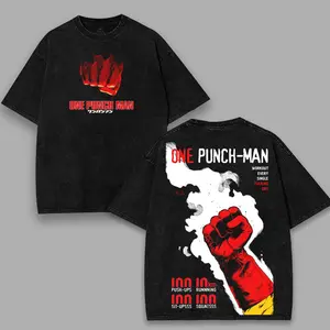 One Punch Man Saitama Punch Vintage Washed T-Shirt Anime Streetwear Graphic Tee 100% Cotton Oversized Manga Shirt Japanese Anime Fan Gift Menswear