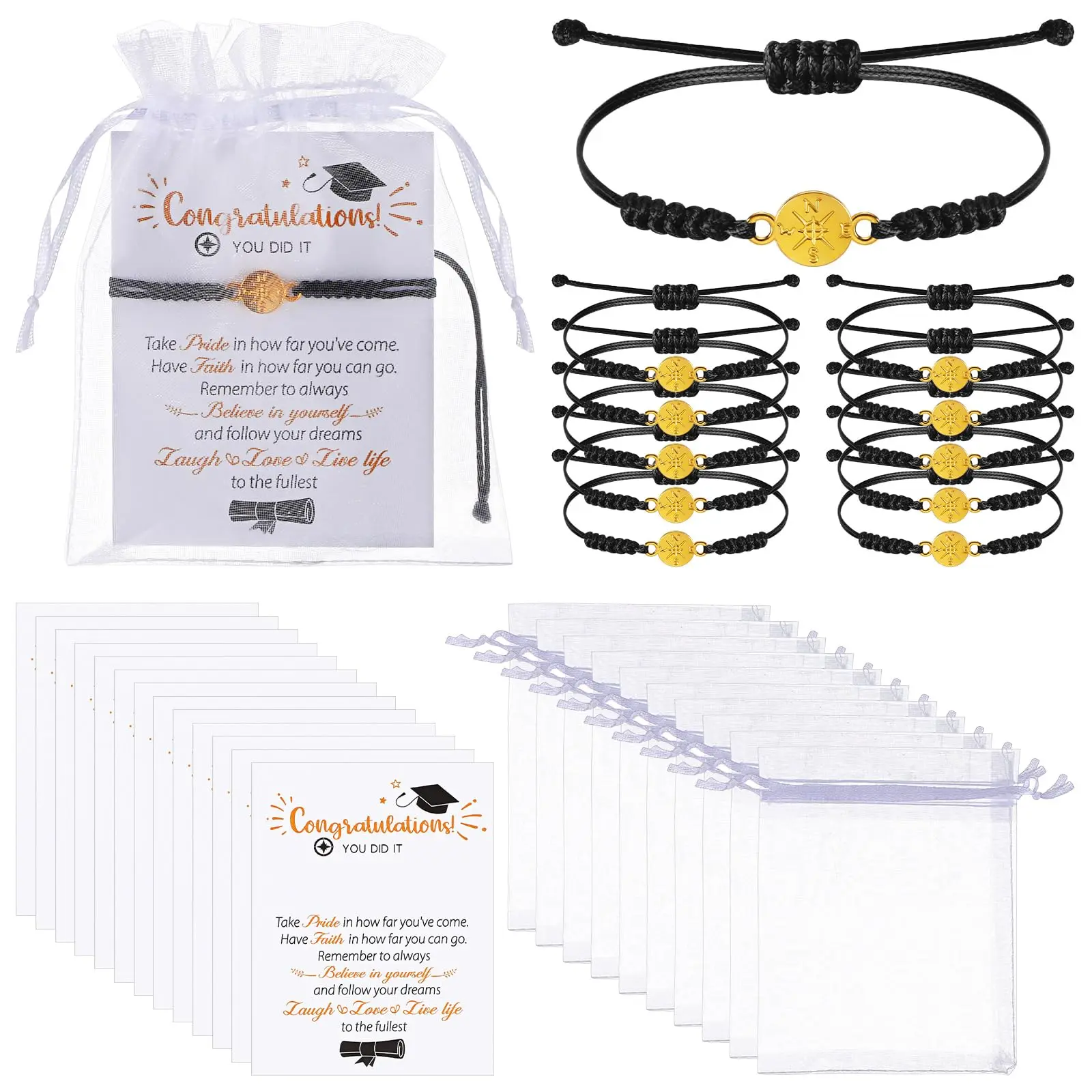 60Pcs Graduation Bracelet Set 20 Compass Bracelets 20 Graduation Cards 20 Bags for College High School Elementary Pre K Senior Night Gifts
