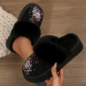 Christmas Print Fuzzy Slippers for Women Santa Graphic Plush Lined Platform House Indoor Outdoor Shoes