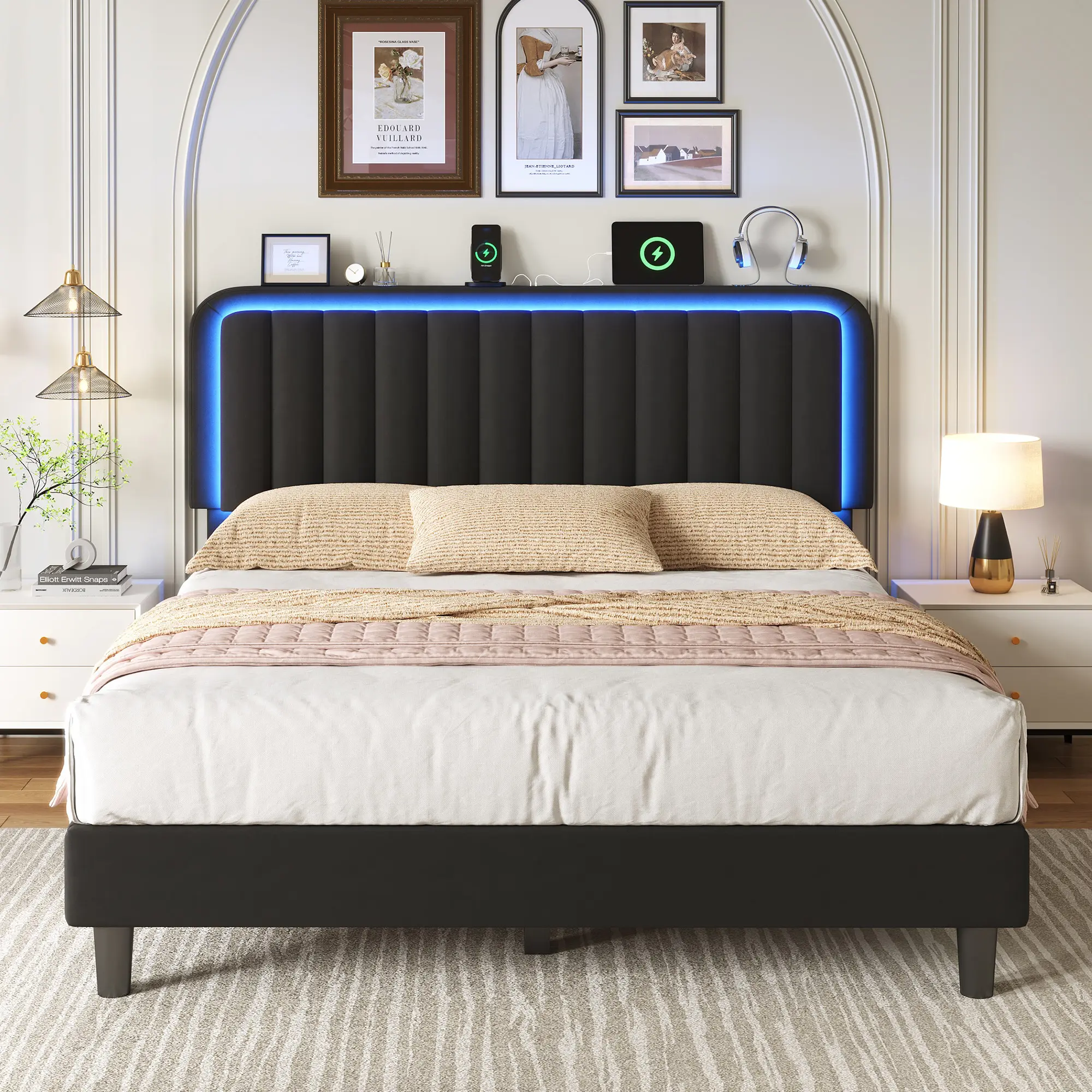 Mraeer LED Bed Frame for Queen Full with Headboard & Storage Shelf, Modern Wood Platform Bed Frame with LED Lights & Charging Station, No Mattress, No Noise, Holds up to 1000LBS with Metal Slats & Frame for Bedroom, Apartment