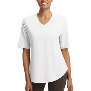 Baleaf Women's V Neck Half Sleeve Workout Top UPF 50+ Sun Protection Athletic Shirt Loose Fit with Curved Hem for Yoga and Running