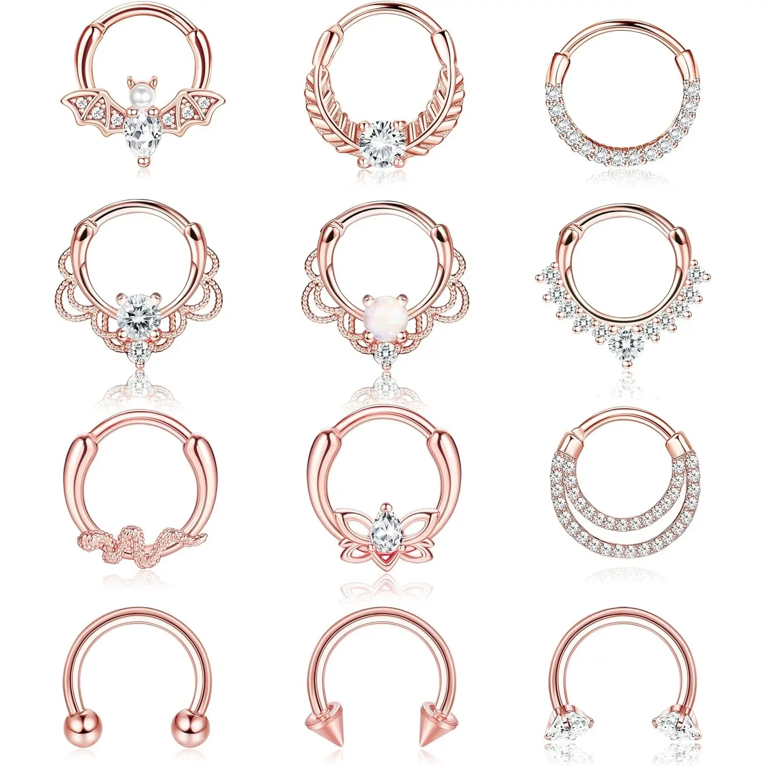 12-Piece Septum Clicker Ring Set, 16G Stainless Steel Body Jewellery with CZ & Opal, Hypoallergenic Helix Hoops for Daith & Cartilage Piercings, Clickers, Hypoallergenic Cubic Zirconia, Affordable Fashion, Daily Wear, Tragus Hoop, Bling Effect, Snake/Bat,