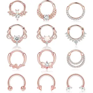 Summer Popular 12Pcs Septum Rings 16G Daith Earrings Nose Rings Hoop Stainless Steel CZ Opal Cartilage Helix Tragus Earrings Septum Clicker Piercing Jewelry Silver Black Rose Gold