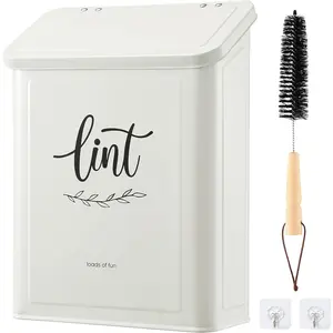 Lint Bin for Laundry Room with Lint Brush, Wall Mounted Lint Holder Trash can with lid for Dryer, Modern Farmhouse Rustic Metal Laundry Room Storage Organization and Decor(White)