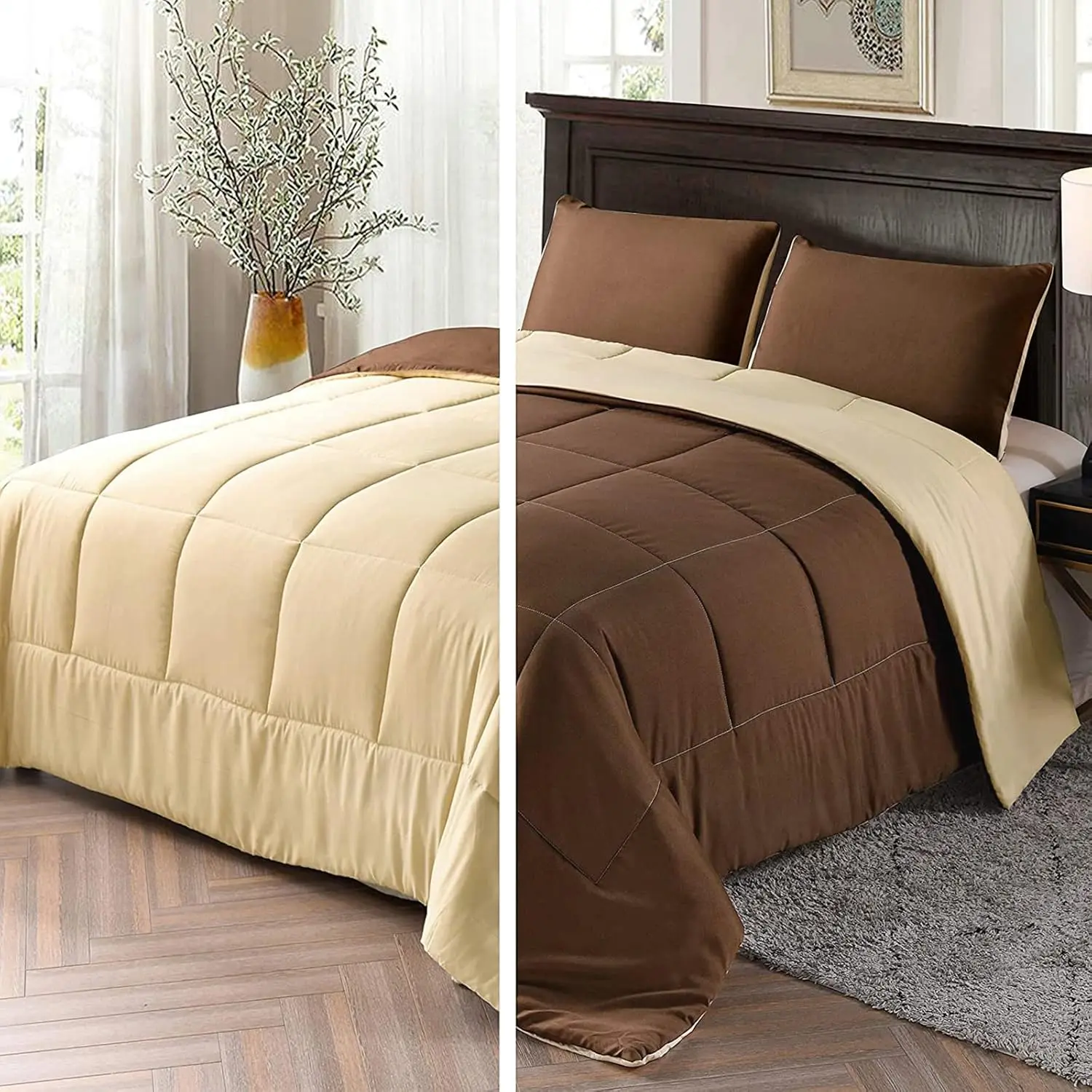 Queen Size Durable Microfibre Down Alternative Comforter Set - Solid, Double-Sided, Lightweight, Noiseless, Square Stitch, 3-Season Use, 1 Comforter with 2 Pillow Shams, Neutral Brown/Khaki, Vacuum Sealed, Machine Washable