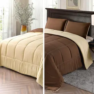 Lightweight 3-Comforter Seasons, Down Alternative Comforter with 2 Pillow Shams, Queen Size, Brown/Khaki