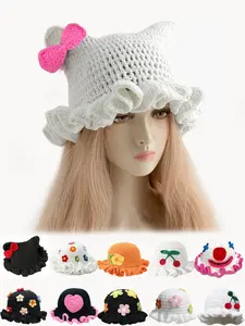 Unisex Handmade Crochet Knit Hat, Wavy Edge Cartoon Flower Bow Accessory, Winter Warm Y2K Street Hip Hop Fisherman Cap, Party Fun Hat