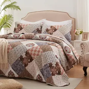 2-3 Pieces Bedspread Coverlet Set - Twin, Full, Queen, King Size Floral Patchwork Quilt Set with 1-2 Pillow Shams - Brown, Gray, Blue, Purple Bedding Set