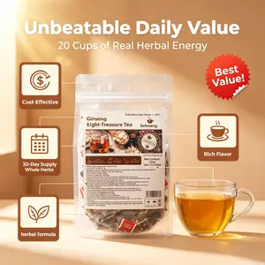 Ginseng 8 Treasure Herbal Tea Bags - 20 Count Natural Daily Wellness Energy Blend, Premium Whole Herbs (Ginseng, Wolfberry, Red Dates, Maca Root), No Tea Dust, Pyramid Filter Bags for Office Use