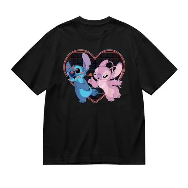 Disney Stitch & Angel Love Heart Print Casual Vacation T-Shirt - For Lilo & Stitch Collectors