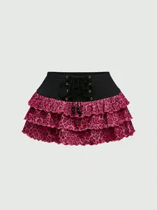 SAMPLEI Vintage Y2K Hot Pink Leopard Print Layered Ruffle Drawstring Waist Skirt
