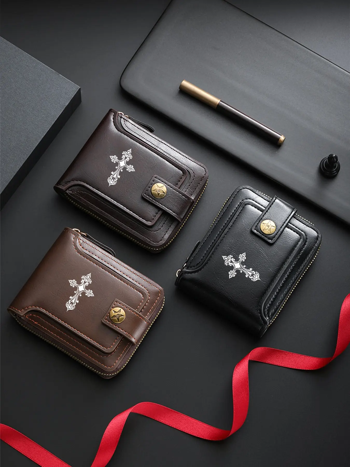 Vintage Engraved Cross Men's Wallet, Short Zipper Pu Card Holder, Christian Theme Multi-Card Money Clip, Large Capacity Anti-Theft, Card Slots, Gift Choice