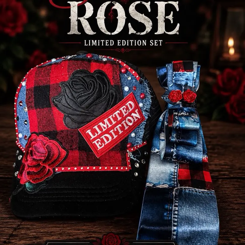 Stylish Casual Print Rose-Plaid Custom-Made Hat and Tie Set, Fashion Accessory Set for Daily Wear