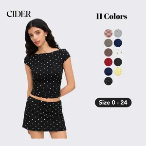 Cider Cotton-blend Boat Neck Polka Dot Ruched Tee & Mini Skort