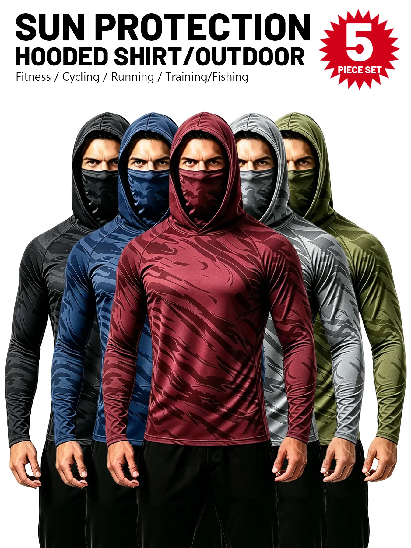 Men's 5-Pack UPF Sun Protection Compression Shirts - Slim Fit, 4-Way Stretch, All Season Solid Colors, Quick Dry Breathable Long Sleeve Hooded Tops with Attached Face Mask for Fishing, Outdoor Work, Athletic, Sun Shield