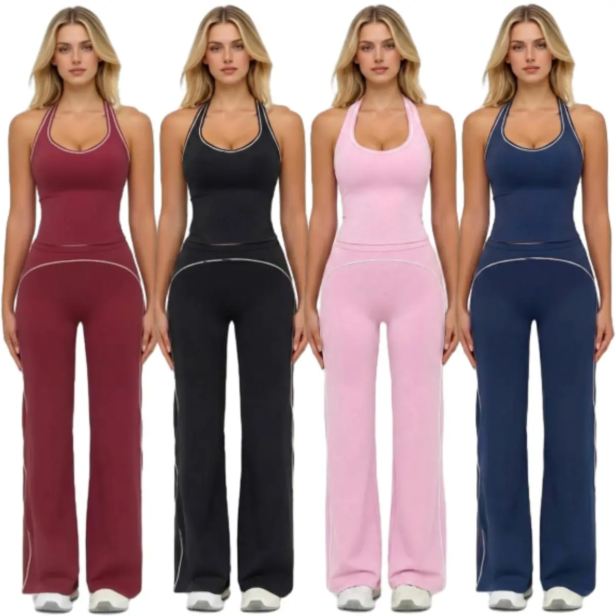 Women 2 Piece Workout Set, Contrast Compression Tank Top, Tummy Control High Waist Bell Bottom Flare Leggings, Yoga Running Athletic Outfit breathable